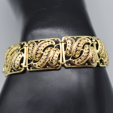 50's Willi Nonnenmann sterling vermeil filigree panel bracelet, WN Germany 925 silver cannetille ferns bracelet 