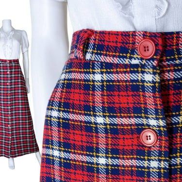 Vintage Plaid Maxi Skirt, Small / Bright Red Tartan Button Skirt / Flared 1970s Ankle Length Woven Acrylic Skirt 