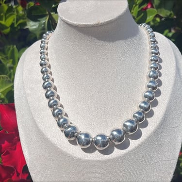 Vintage Mexico Sterling Silver Graduated Bead / Ball 18 Inch Necklace - 71 Grams 