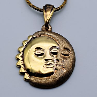Unusual 70's kissing sun and moon brass pendant, long gold plate chain mystic hippie necklace 