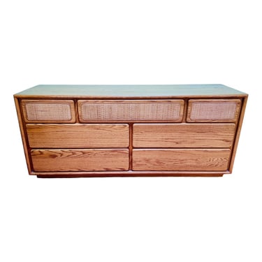 Lane Furniture Oak & Wicker Cane Lowboy Dresser DH225-8