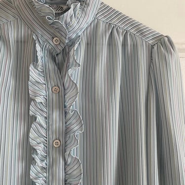 Vintage 70s Pastel Pinstriped Long Sleeve Ruffled Blouse; 80s Ruffled Rainbow Pinstriped Long Sleeve Blouse with Jabot Collar M 