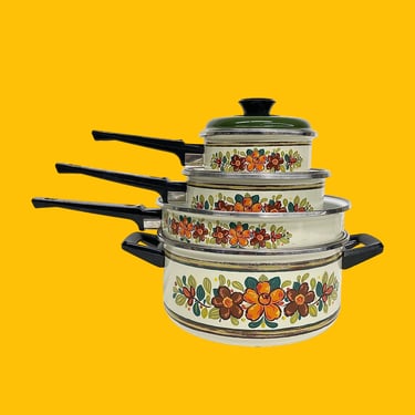 Enamel Ware 7 Piece Pots And Pans Set Orange Yellow Floral Retro MCM 70's