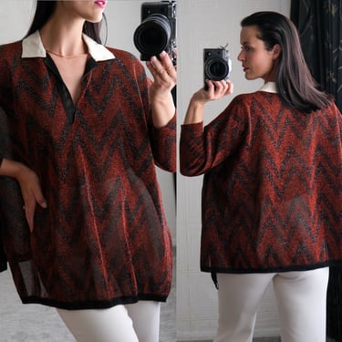 Vintage 80s Gianfranco Ferre Scarlet & Black Zig Zag Lurex Boxy Cropped Blouse w/ Ivory Silk Collar | Made in Italy | 1980s Designer Top 