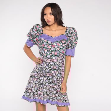 80s 90s Periwinkle Floral Puff Sleeve Romantic Dress | No Surrender Vintage  - Atlanta