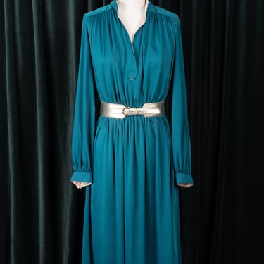 1970s Teal Green Dress with Standing Contrast Collar / Open Neck by David Warren 