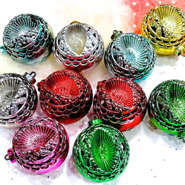 VINTAGE: 10pcs - 1950s Metallic Plastic Indent Ornaments - Colorful Ornaments - Christmas Decor - Holiday Decor - SKU 00034992 