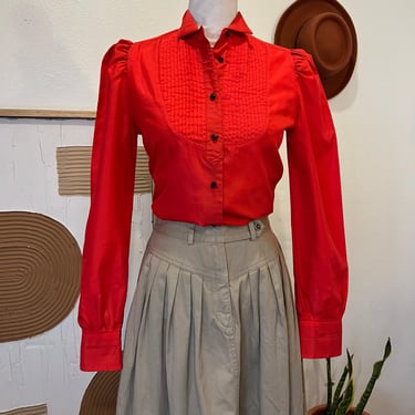 Vintage 90s Red Silky Button Front Embellished Collared Puffed Sleeve Blouse - S 