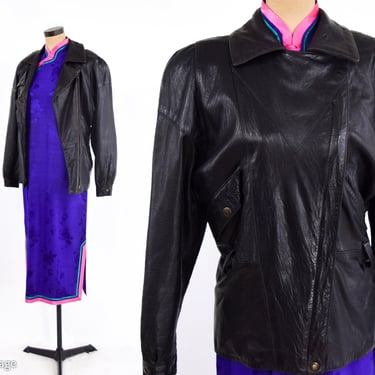 1980s Black Leather Jacket | 80s Black Leather Belted Jacket | Melanzona | Medium 