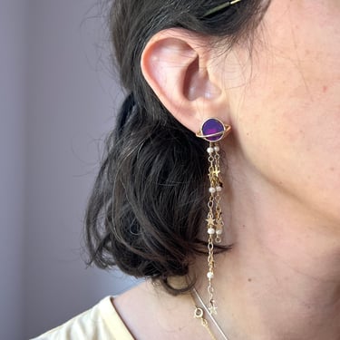 Purple Mohave Turquoise Saturn Studs with Star and Pearl Chain Ear Jacket Dangles Two Part Earrings Gold Saturn Space Earrings 