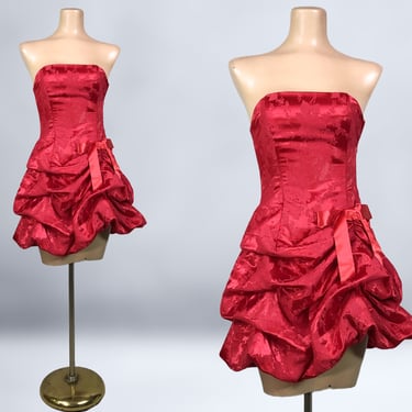 VINTAGE 00s Y2K Red Brocade Satin Bubble Party Dress By Jessica McClintock for Gunne Sax sz 3 | 1990s 2000s Strapless Mini Prom Dress | VFG 