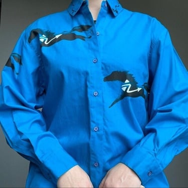 Vintage 80s NWT Blue Wrangler Horse Southwestern Rodeo Cowgirl Button Up Sz M 