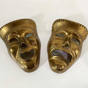 Vintage Brass Theater Faces Masks Comedy Tragedy Smile Now Cry Later Decor Accents Wall Plaque Sculpture MCM Mid-Century Happy Sad 