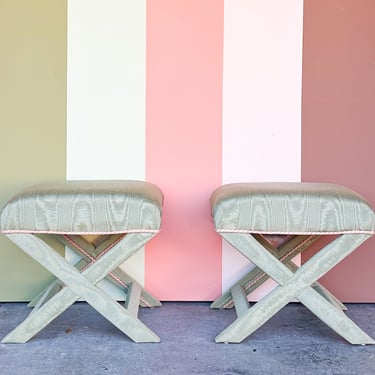 Pair of Pink and Green X Benches