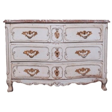 Antique French Provincial Louis XV Style Cream Painted Chest Of Drawers Commode 