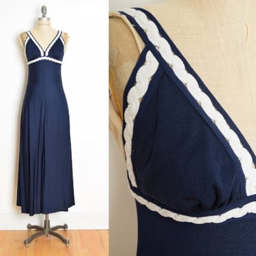 vintage 70s maxi dress navy blue white braid hippie boho long sundress XS 