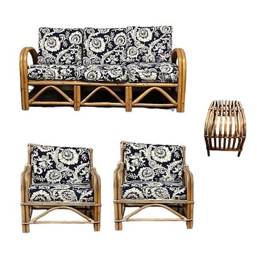 Restored Arch Arm Rattan Loung Chair & Sofa Living Room Set w/ Ottoman 