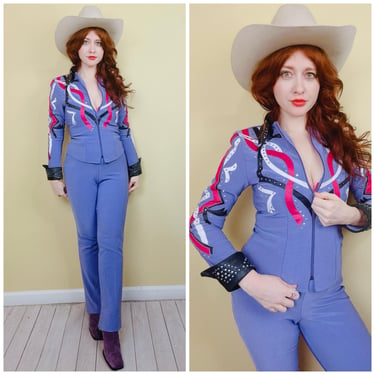 1990s Vintage 1849 Ranchwear Purple And Pink Western Suit / 90s Faux Leather Rhinestone Cowgirl Pants and Jacket / Size XS - Small 