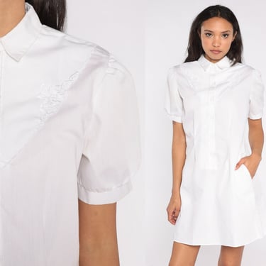 White Sheath Dress 80s Puff Sleeve Mini Collared Button Up Shift Floral Embroidered Minidress Nurse Uniform Retro Vintage 1980s Medium M 