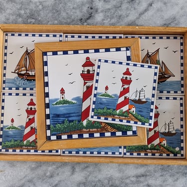 Vintage Lighthouse Sailboat Tiled Tray Trivet and Coaster Set 