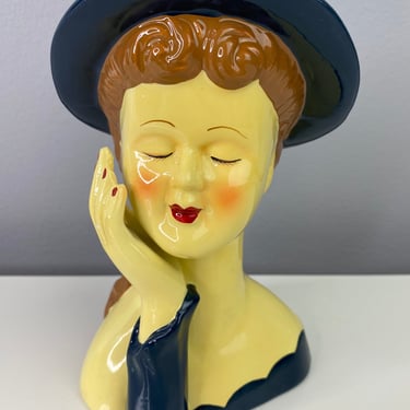 Vintage Lady Head Vase Reproduction | Hand Raised to Face Black Ruffle Dress Brown Hair | Navy Blue hat Red Lips | Reproduction Planter Vase 