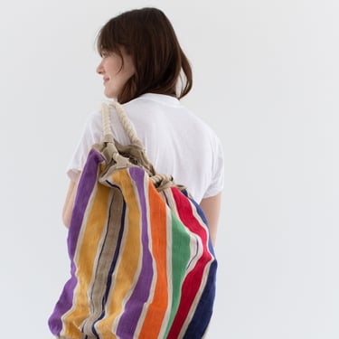 Woven Canvas Backpack | Beach Towel Bag | Souvenir Market Tote | Striped sun Faded multicolor tan 