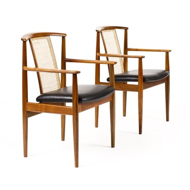 Danish Modern / Mid Century Walnut Dallas Arm Chairs — Folke Ohlsson for Dux — Black Leather + Cane — Pair 