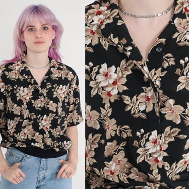 Black Floral Blouse Flower Polo Button Up Shirt 80s Vintage Short Sleeve Banded Hem Top 1980s Slouchy Loose Fitting Casual Taupe Medium 10 