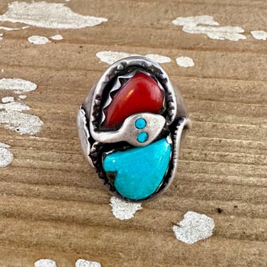 SNAKE EYES 60s/70s Vintage Turquoise & Coral Ring | Large Ring w/ Sterling Silver Snake Inlay | Zuni Native American Jewelry | Size 10 