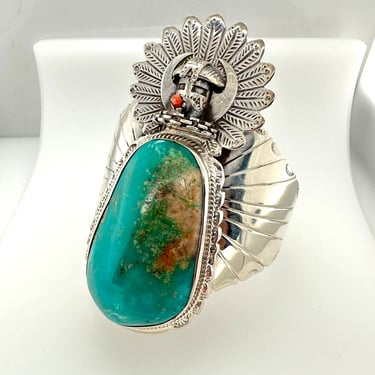 Vintage Artisan Navajo Huge Turquoise Slab Kachina Cuff Bracelet Sterling Silver 
