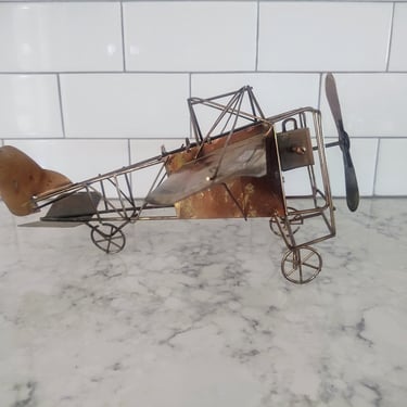 Vintage Metal Copper Airplane Musical Box with Wind Propeller Crank 