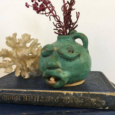 Vintage Mini Face Jug, Folk Art Signed By Artist, Minature Teal Vase, Teeth, Dentist Gift 
