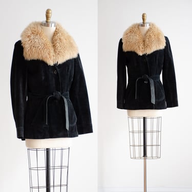 black leather jacket 70s vintage Almost Famous suede shearling collar hippie boho coat 