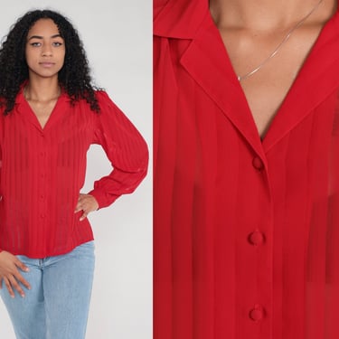 Puff Sleeve Blouse Red Striped Shirt Semi-Sheer 80s Button Up Shirt Vintage Long Sleeve Blouse Retro 1980s Medium Large 