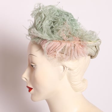 Early 1940s Pale Blue Aqua Lurex with Aqua Blue and Pastel Pink Feather Millinery and Blue Netting Cage Hat 
