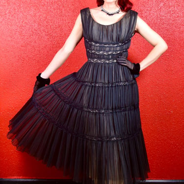 1950s Black Pleated Illusion Organdy Cocktail Dress Mollie Stone 