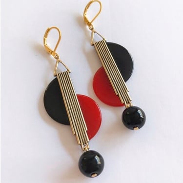 Art deco Vintage geometric black  & red bakelite modernist Earrings by BakeliteBa