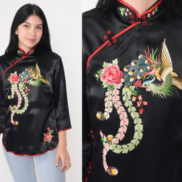 Black Cheongsam Blouse 80s Asian Top Floral Peacock Print Chinese Inspired Shirt Frog Button Mandarin Collar 3/4 Sleeve Vintage 1980s XS 