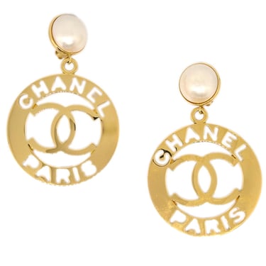 Chanel Dangle Hoop Earrings Clip-On Gold Artificial Pearl