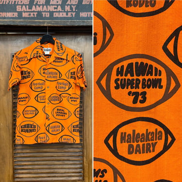 Vintage 1960’s Tiki Mod Orange Cotton Barkcloth Football Pop Art Hawaiian Shirt, 60’s Vintage Clothing 