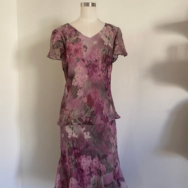 Vintage 90s Mauve Floral Water Color Summer Matching Set with Blouse and Skirt; 80s Krinkle Floral Fall Mini Dress Cute Flared Skirt L 