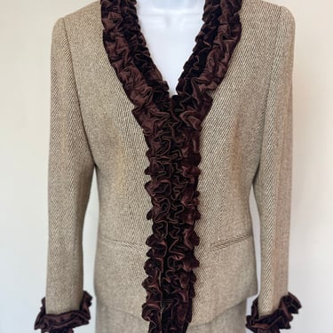 1970s Tweed Pant Suit with Velvet Trim 