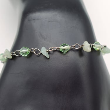 70's 925 silver aventurine green glass hippie bracelet, green nuggets bicone beads sterling wire stacker 