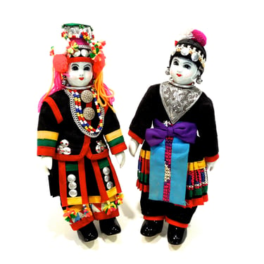 VINTAGE: Pair of Colorful Thai Chiangmai Akha Dolls - Ethnic Doll - ASIAN Doll - Thailand Doll - Collectable Doll - SKU 25-C6-00006790 