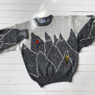 embroidered sweater | 80s 90s vintage Meister mountain climber mountaineer people gray wool streetwear aesthetic intarsia sweater 