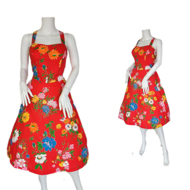 1980's Red Cotton Blend Dash About Floral Print Sun Dress I Sz Lrg 