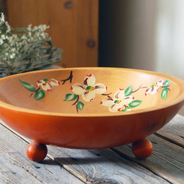 Hand painted wooden bowl / vintage bowl / footed turned wood bowl with dogwood flowers / rustic wood bowl / farmhouse decor / cottagecore 