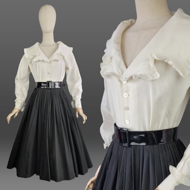 1960s Dress / 1960s Anne Klein Black and White Dress with Patent Leather Belt / B & W Dress / 1960s Day Dress / 1960s Party Dress / Small 