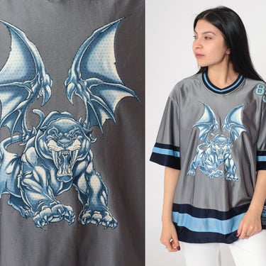 Y2K JNCO Gargoyle Shirt Winged Sabertooth Graphic Jersey Top 85 Throwback Short Sleeve Vintage 90s Streetwear Spellout Grey Blue Small S 