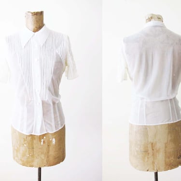 Vintage 50s Blouse XS S - 1950s Sheer White Chiffon Top-  Lingerie Pintuck Top - Pleated Pin Tuck Shirt 